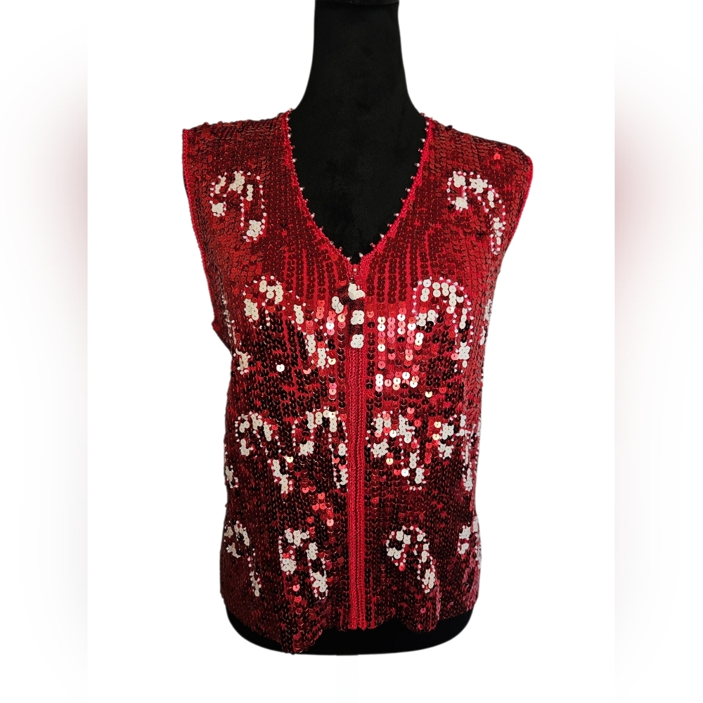 Vintage Berek 2 Red Fully Sequined Candy Cane Embellished Christmas Vest Size XL